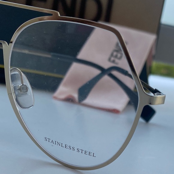 Fendi Women`s Silver-tone Geometric Aviator Eyeglass Frames FF0329 03YG 00 Italy